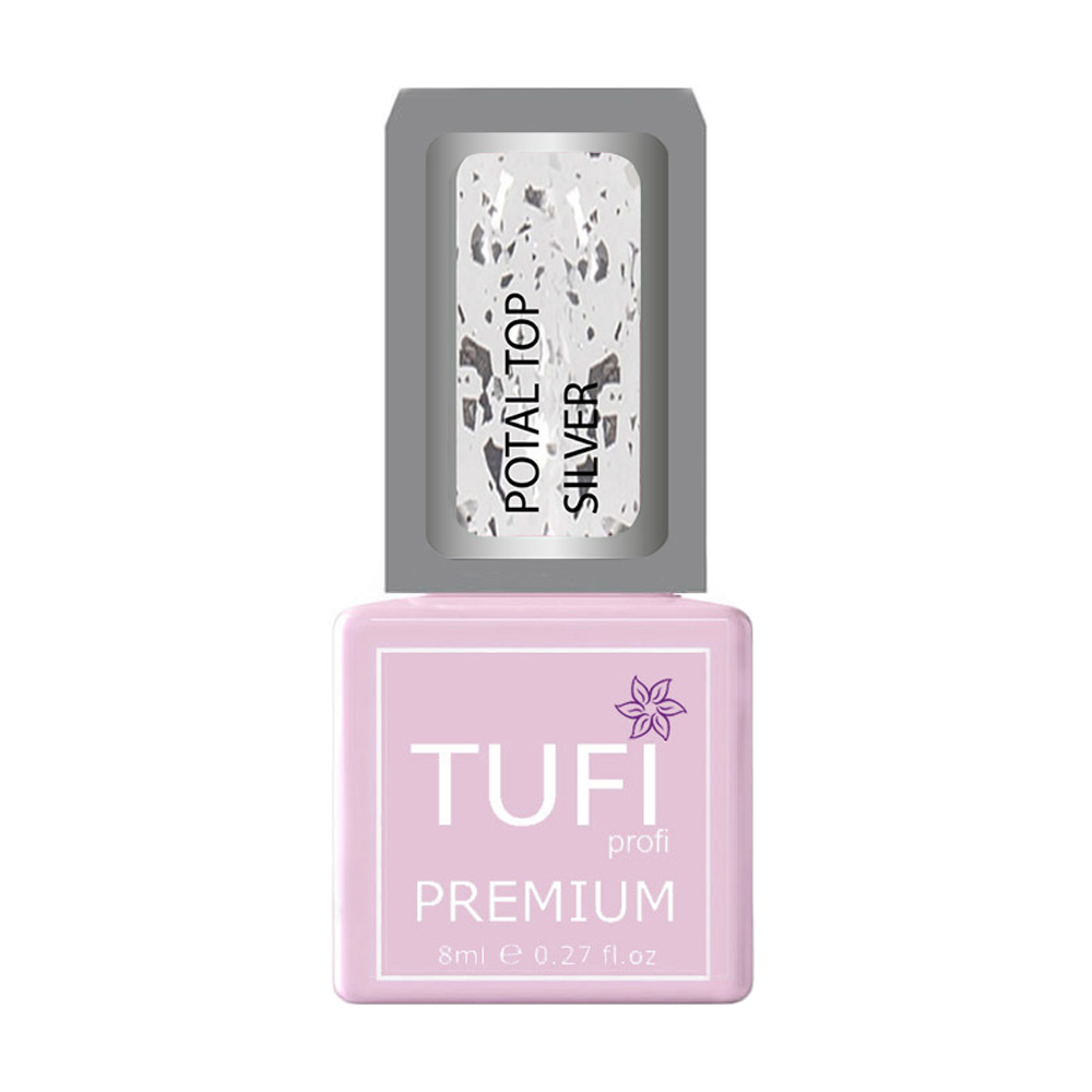 Каучуковий топ для гель-лаку Tufi profi Premium Potal Top без липкого шару, з поталью срібло, 8 мл